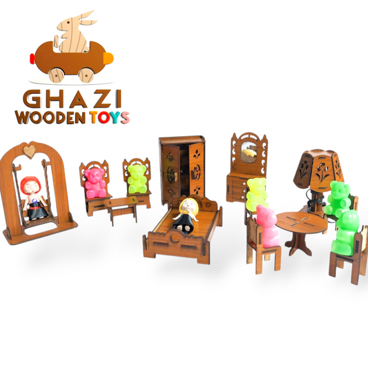 Luxury Wooden Dollhouse Set with Dolls & Teddy Bears  Magical Mini Furniture for kids(20 pieces set)