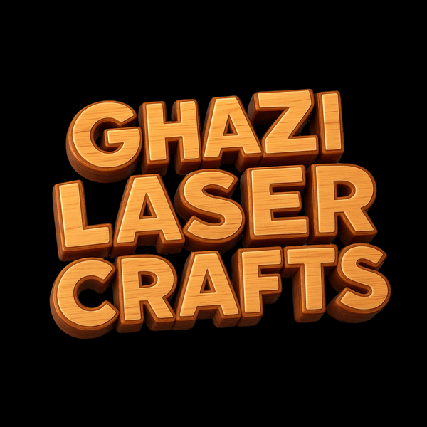 Wooden-textured 'Ghazi Laser Crafts' logo on a dark background