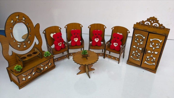 ✨🪑 Wooden Doll Furniture Set with Barbie Dolls 🧸👗 – Miniature Bedroom & Living Room Play Set for Kids 🎀🏠