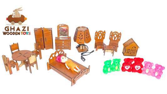 Handmade Wooden Dollhouse Furniture Set with Doll & Teddy Bears | Mini Wooden Toy Gift for Kids(20 pieces set)