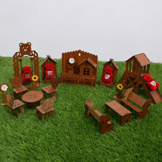 Wooden Bear Playset for Kids – Mini Toy House & Cute Teddy Decoration Set