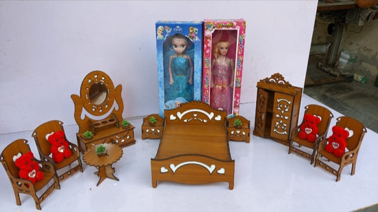 ✨🪑 Wooden Doll Furniture Set with Barbie Dolls 🧸👗 – Miniature Bedroom & Living Room Play Set for Kids 🎀🏠