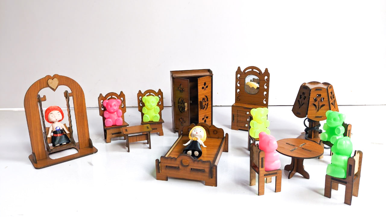 Luxury Wooden Dollhouse Set with Dolls & Teddy Bears  Magical Mini Furniture for kids(20 pieces set)