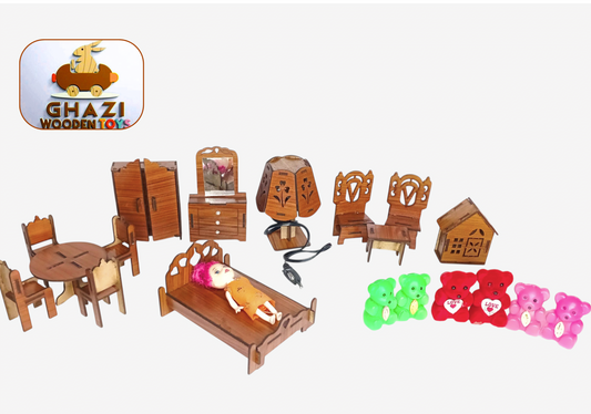 Handmade Wooden Dollhouse Furniture Set with Doll & Teddy Bears | Mini Wooden Toy Gift for Kids(20 pieces set)